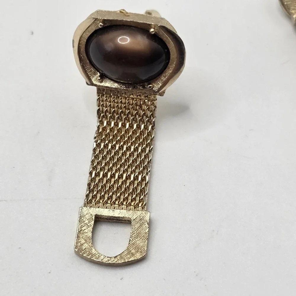Swank Wrap Around Mesh Cufflinks Mens Gold Brown Cabochon Vintage MCM Dapper